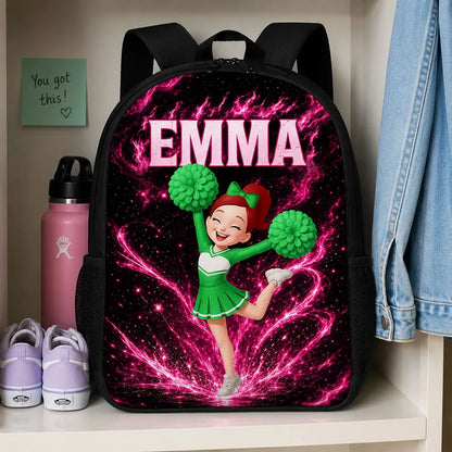 Kids School Backpack, Personalized Red Cheerleader Jumping in a Blue Cosmic Classroom, Creative Back to School Gift for Girls