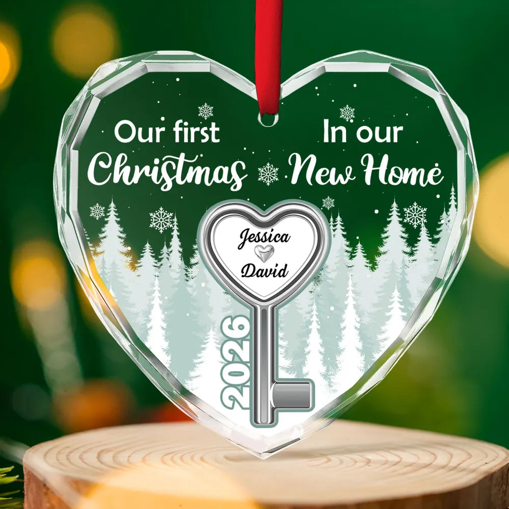 Custom Crystal Heart Ornament with Snowy Forest & Heart Key, Creative Gift for New Home Couple