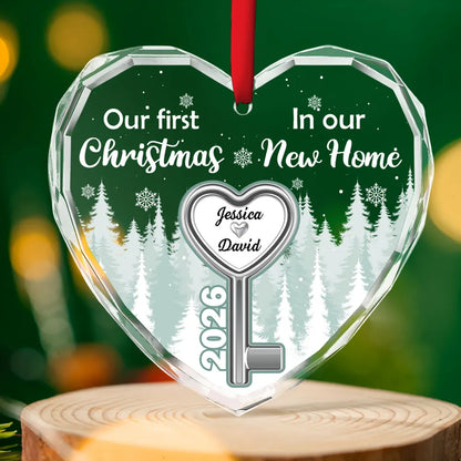 Custom Crystal Heart Ornament with Snowy Forest & Heart Key, Creative Gift for New Home Couple