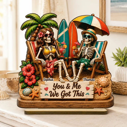 Personalized 2-Layer Wooden Plaque, Skeleton Couple Beach Scene, Unique Gift for Couples