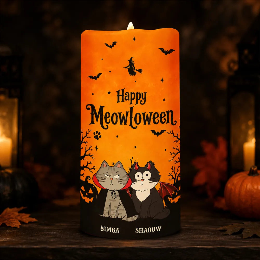 Personalized Flameless LED Candle with Cat Halloween Art, Unique Gift for Cat Mom & Pet Lover