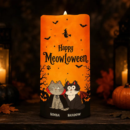 Personalized Flameless LED Candle with Cat Halloween Art, Unique Gift for Cat Mom & Pet Lover
