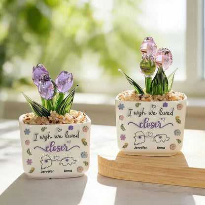 Personalized Square Glass Planter With Purple Tulips, I Wish We Lived Closer, Unique Gift For Friend