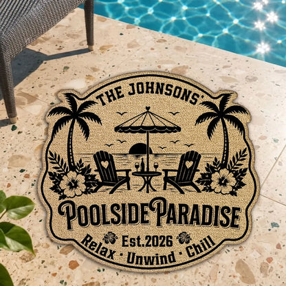 Personalized Shaped Doormat, Poolside Paradise Design, Unique Gift for Pool Owners & Families