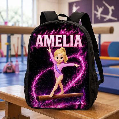 Kids School Backpack with Neon Gymnast Art, Unique Creative Gift to Cheer Daughter & Granddaughter