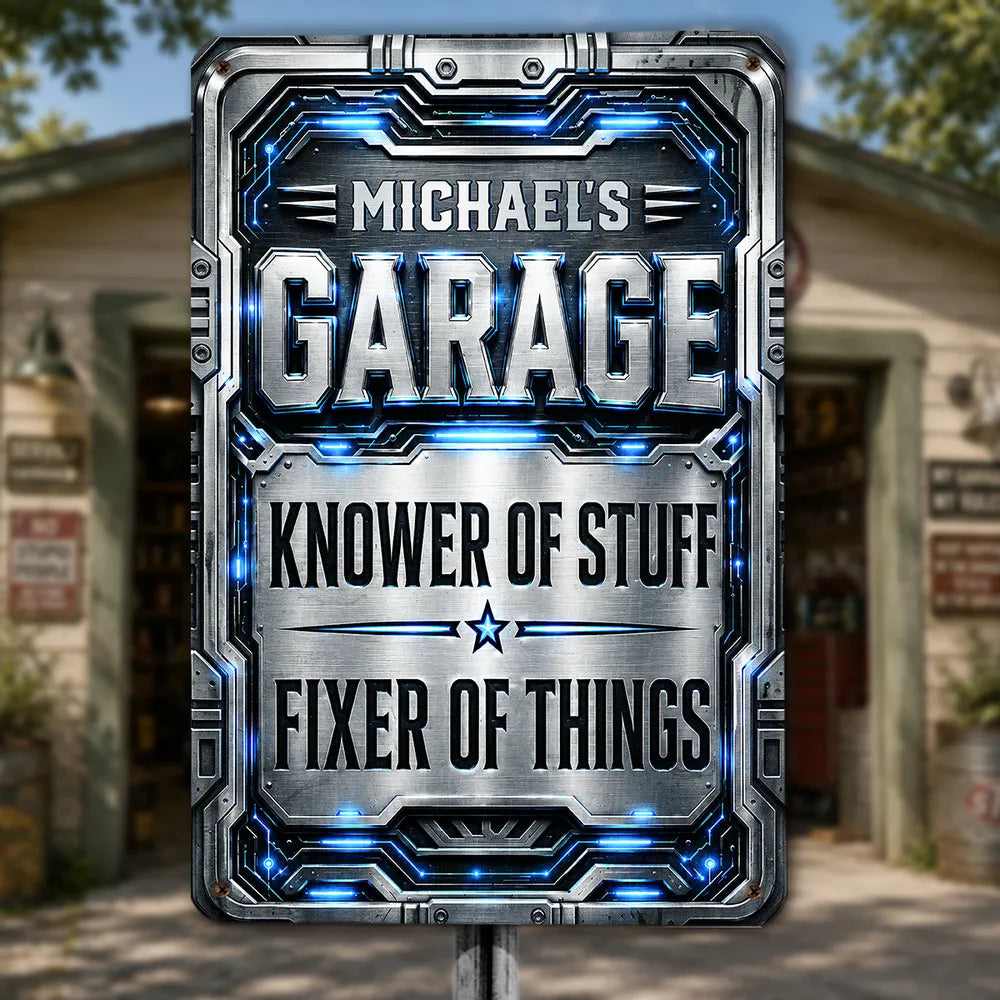 Custom Rectangular Iron Sign, Garage Knower of Stuff Design, Unique Creative Gift for Workshop Decor