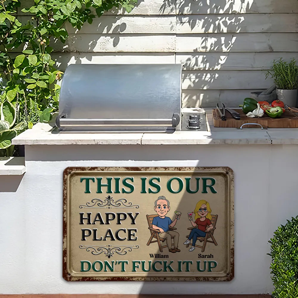 Personalized Rectangular Iron Sign, Seated Couple Our Happy Place, Unique Creative Gift for Couples