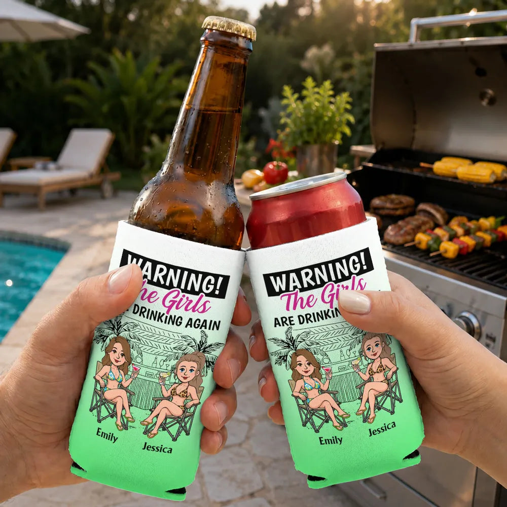 Neoprene Can Cooler with Pink Tropical Girls Party Art, Personalized Unique Creative Gift for Friend