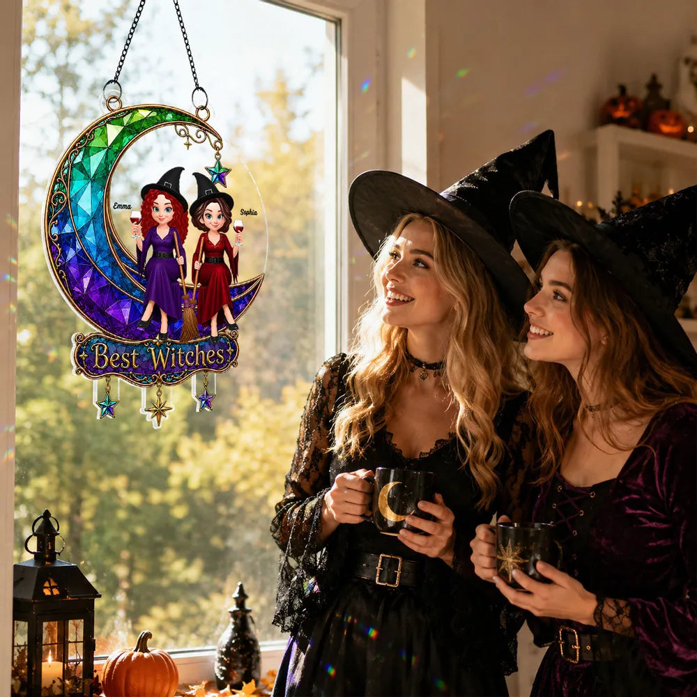 Personalized Acrylic Suncatcher Ornament, Witch Friends On Moon, Unique Halloween Gift For Friends