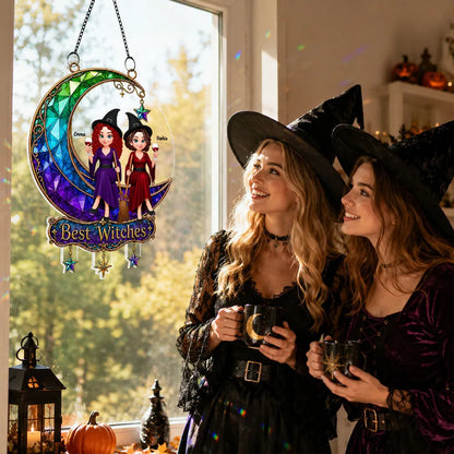 Personalized Acrylic Suncatcher Ornament, Witch Friends On Moon, Unique Halloween Gift For Friends