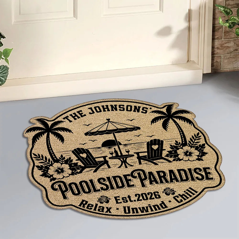 Personalized Shaped Doormat, Poolside Paradise Design, Unique Gift for Pool Owners & Families