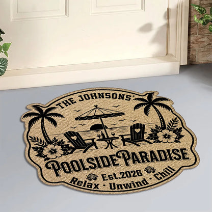 Personalized Shaped Doormat, Poolside Paradise Design, Unique Gift for Pool Owners & Families