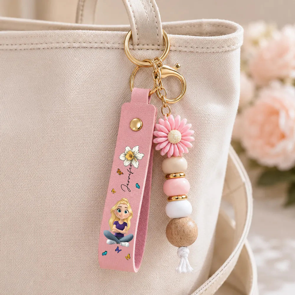 Personalized PU Leather Daisy Keychain with Beads, Unique Gift for Her, Pastel Floral Everyday Charm