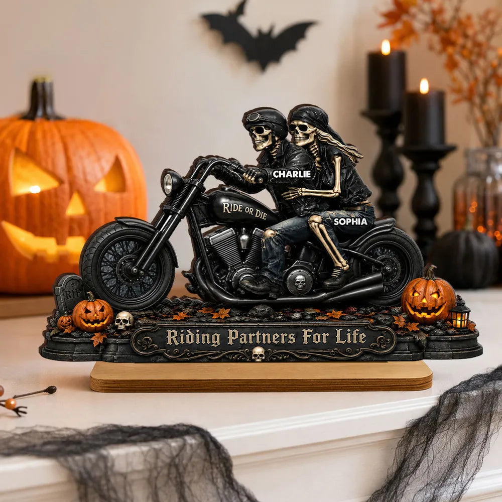 2-Layer Wooden Plaque, Personalized Skeleton Biker Couple Halloween Decor, Unique Gift for Couples