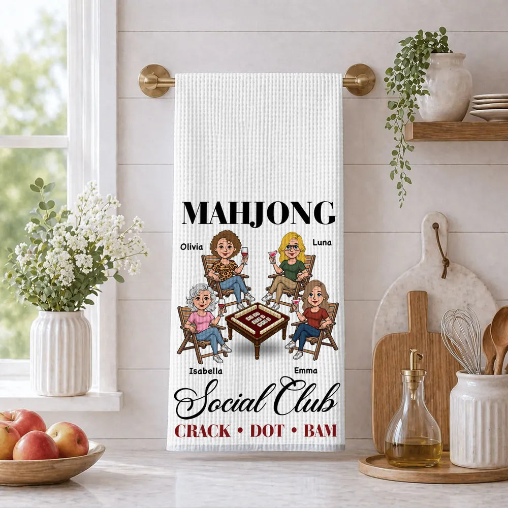 Personalized Mahjong Kitchen Towel, Seated Friends Game Night Design, Unique Gift for Mahjong Lovers