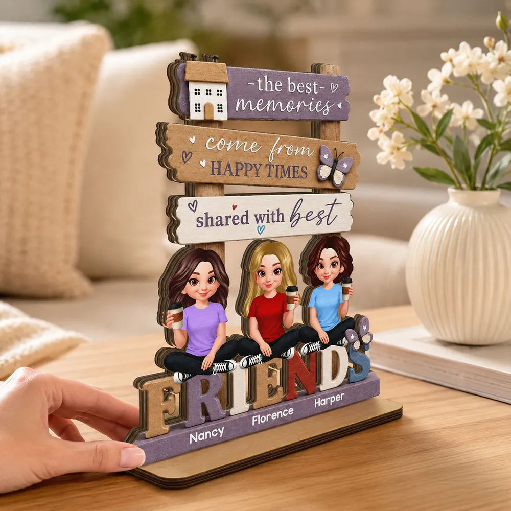 Personalized 2-Layer Wooden Plaque, Sitting Friends with Coffee, Unique Gift for Close Friends