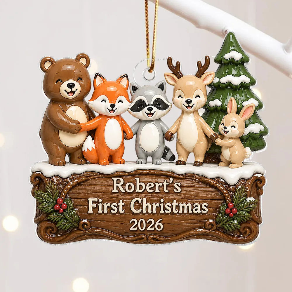 Personalized Acrylic Ornament, Woodland Animal First Christmas, Unique Creative Gift for New Parents