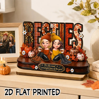 Personalized 2-Layer Wooden Plaque, Sitting Besties with Coffee, Unique Fall Gift for Close Friend