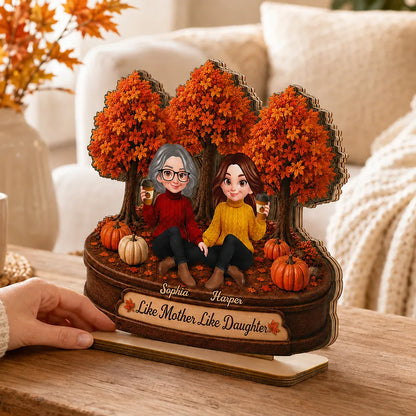 2-Layer Wooden Plaque, Autumn Trees & Seated Coffee Scene, Warm Custom Style, Unique Creative Gift
