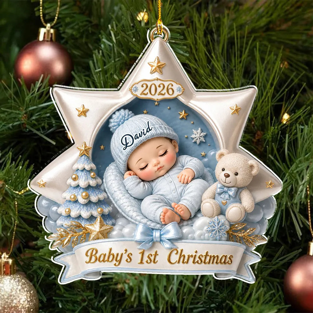 Personalized Acrylic Ornament, Sleeping Baby and Teddy Bear in Soft Pastels, Unique First Christmas Gift for New Parents