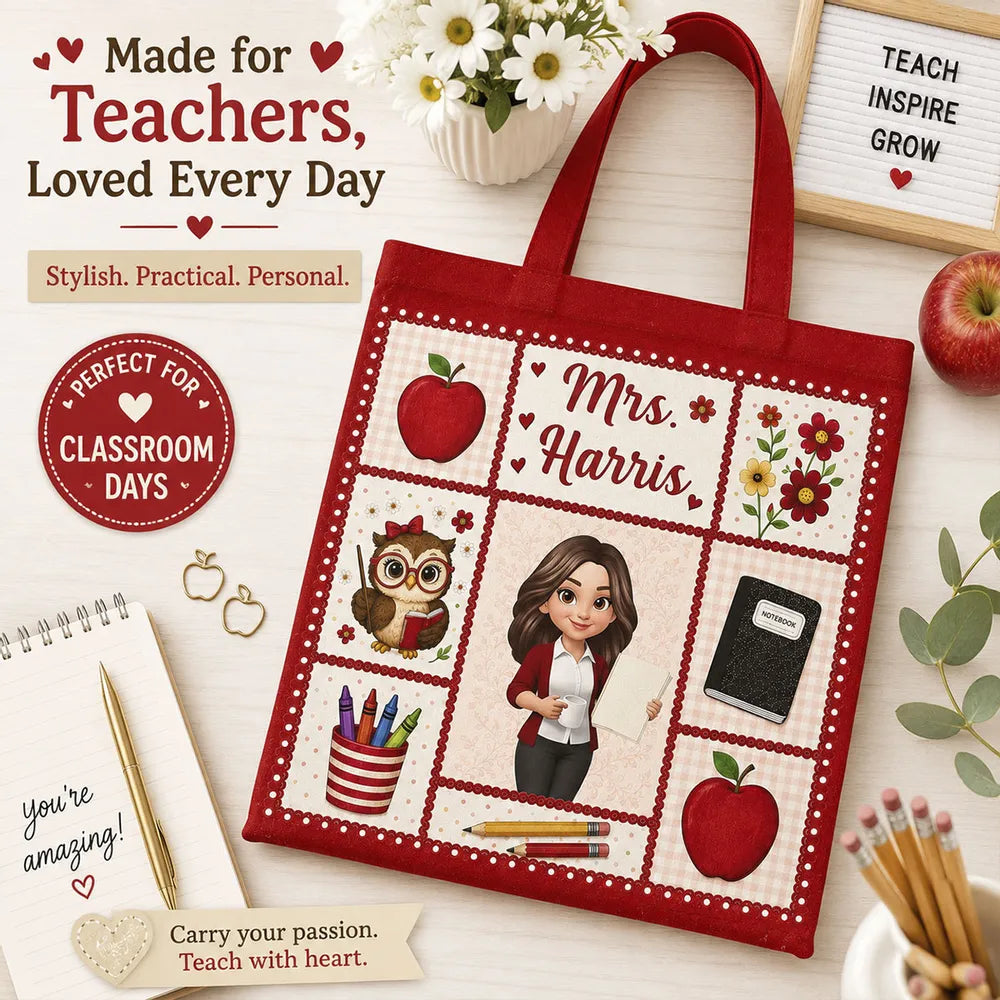 Personalized Teacher Tote Bag With Apple Classroom Art, Unique Gift For Teacher