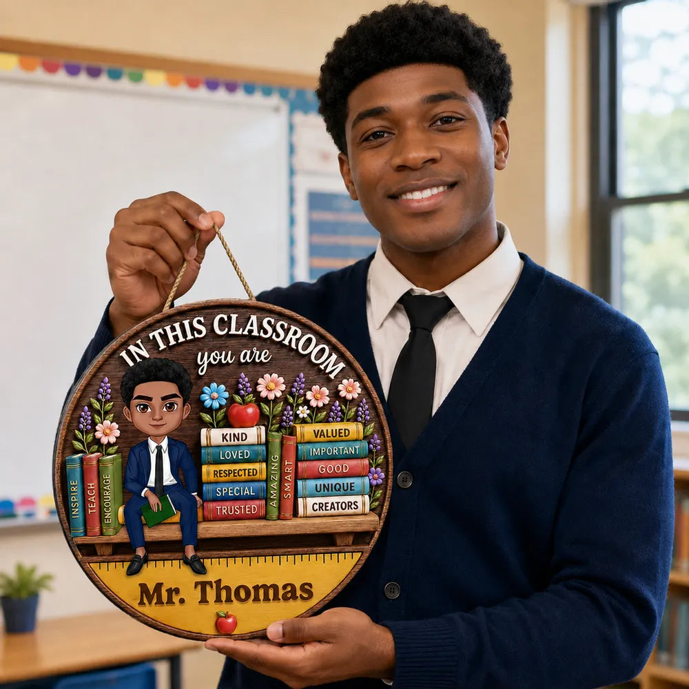 Personalized Wooden Sign with Seated Male Teacher, Classroom Door Decor, Unique Creative Gift