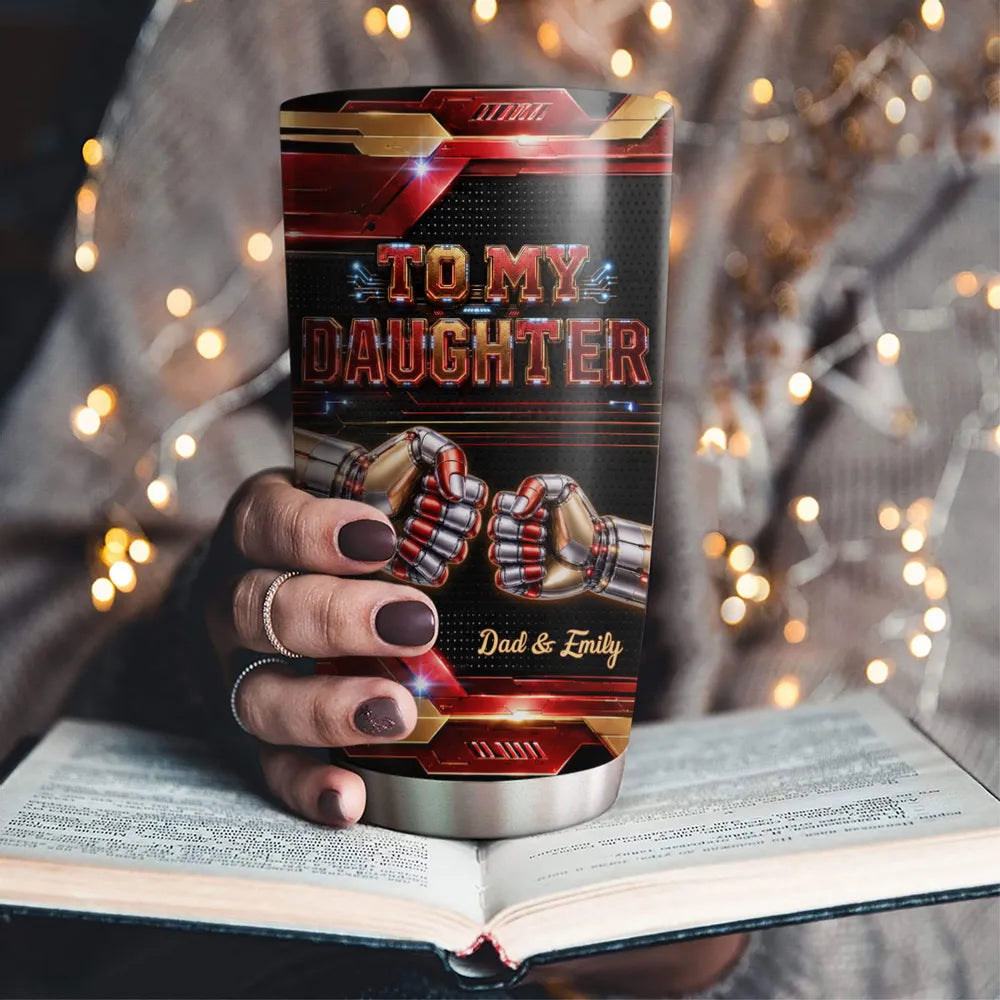 Insulated Travel Tumbler, Robotic Fist Bump Design, Red Gold Keepsake, Unique Gift for Son