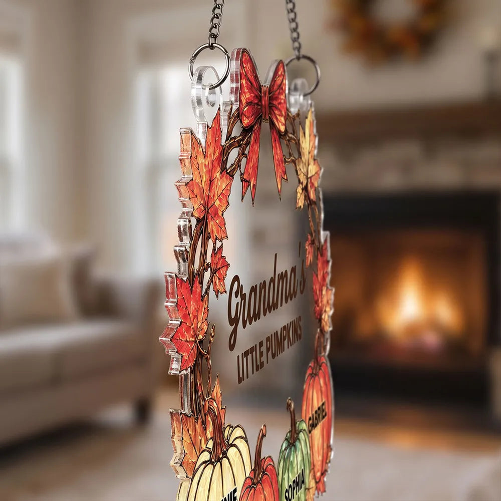 Personalized Acrylic Suncatcher Ornament with Fall Pumpkins, Unique Gift for Grandma's Sunlit Window