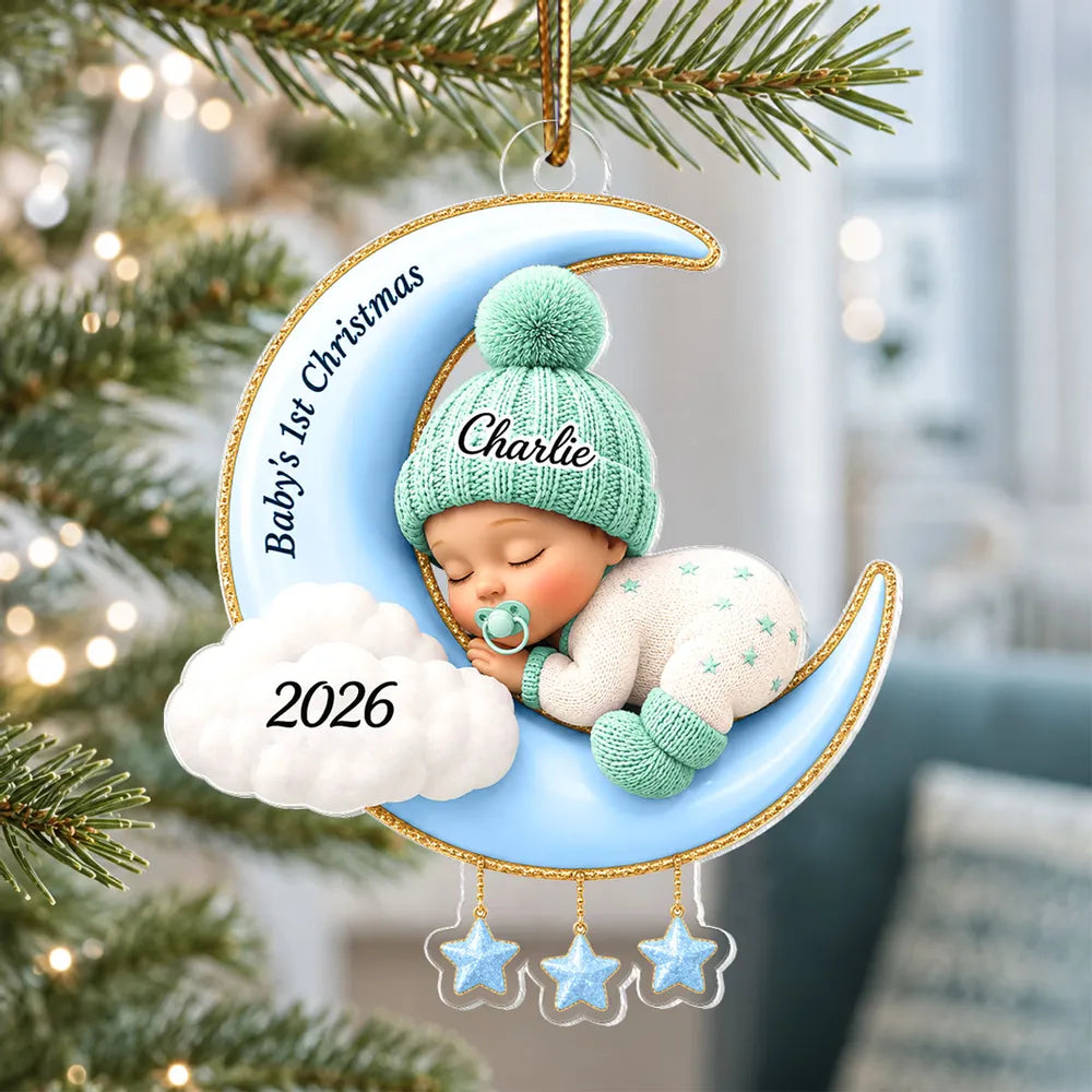 Acrylic Ornament With Sleeping Baby On Moon, Creative Christmas Gift For Baby & Family
