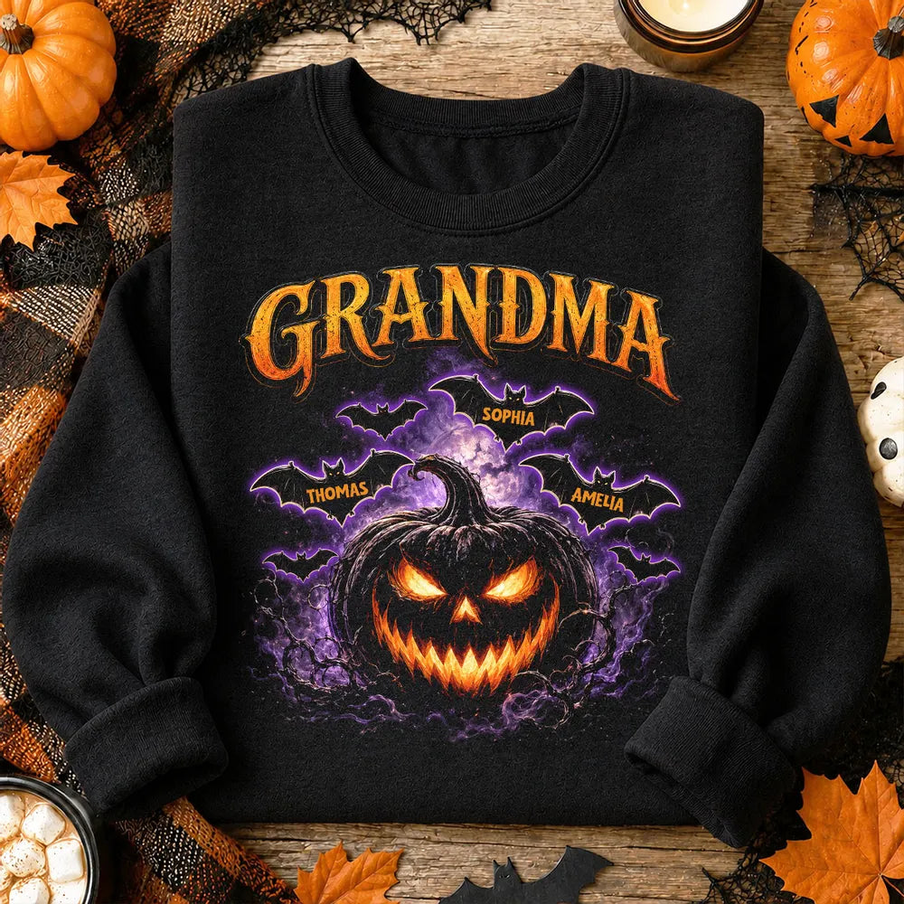 Personalized Grandma Classic Tee with Orange Jack O Lantern and Bats, Unique Halloween Gift