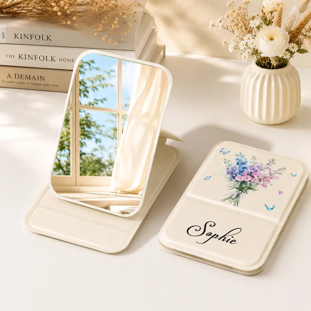 Personalized Birth Month Flower Leather Folding Makeup Mirror, Pastel Botanical Unique Gift for Her