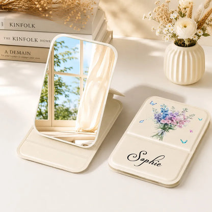 Personalized Birth Month Flower Leather Folding Makeup Mirror, Pastel Botanical Unique Gift for Her