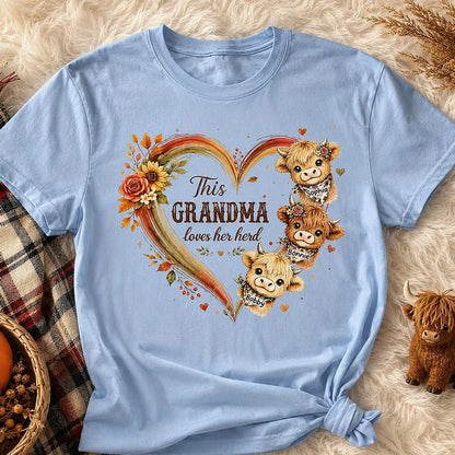 Personalized Classic Tee with Cute Highland Cows, Autumn Floral Heart, Unique Gift for Grandma