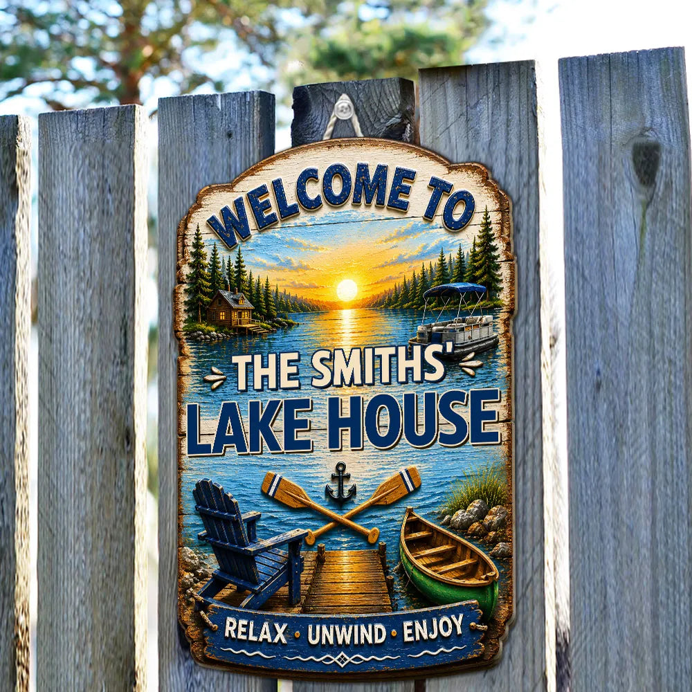 Personalized Wooden Sign for Lake House, Sunset Dock & Boat Scene, Unique Gift for Family