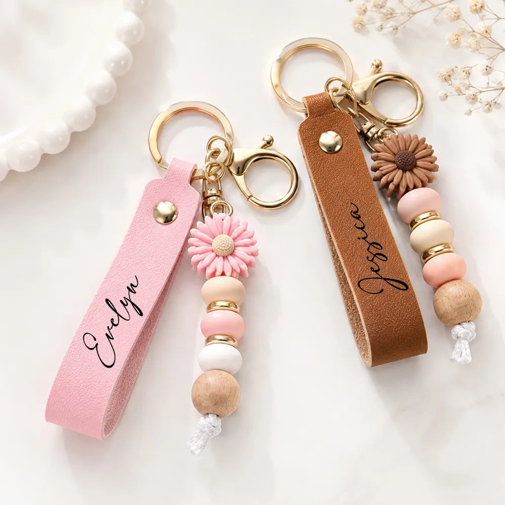 Personalized PU Leather Daisy Keychain, Pastel Beaded Style for Girls, Creative Gift for Friend