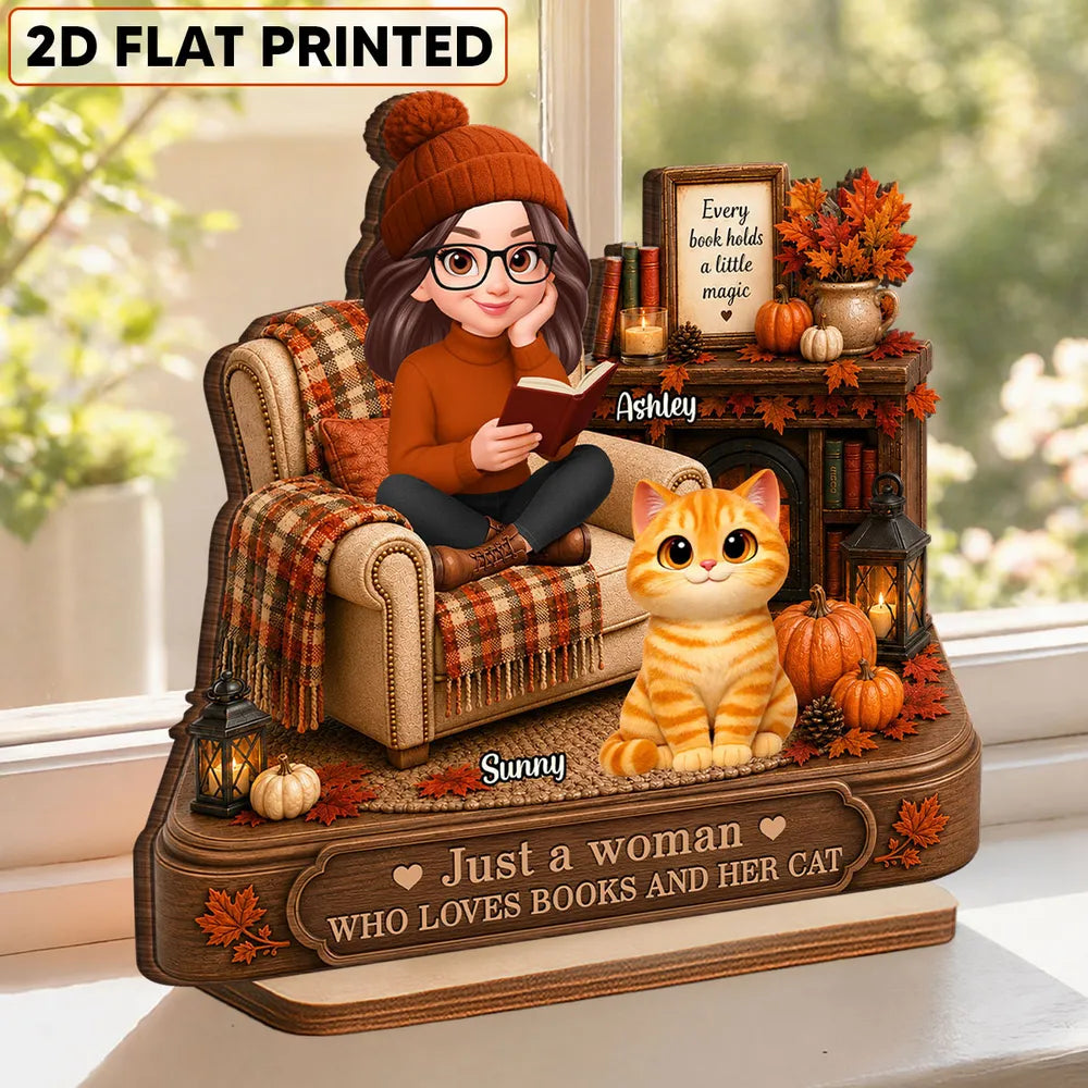 Personalized 2-Layer Wooden Plaque, Woman Reading With Her Cat, Warm Fall Keepsake, Unique Gift for Women Readers