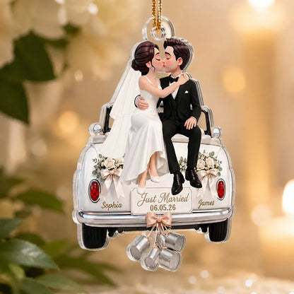 Personalized Acrylic Ornament, Kissing Bride & Groom on Wedding Car, Unique Gift for Couple