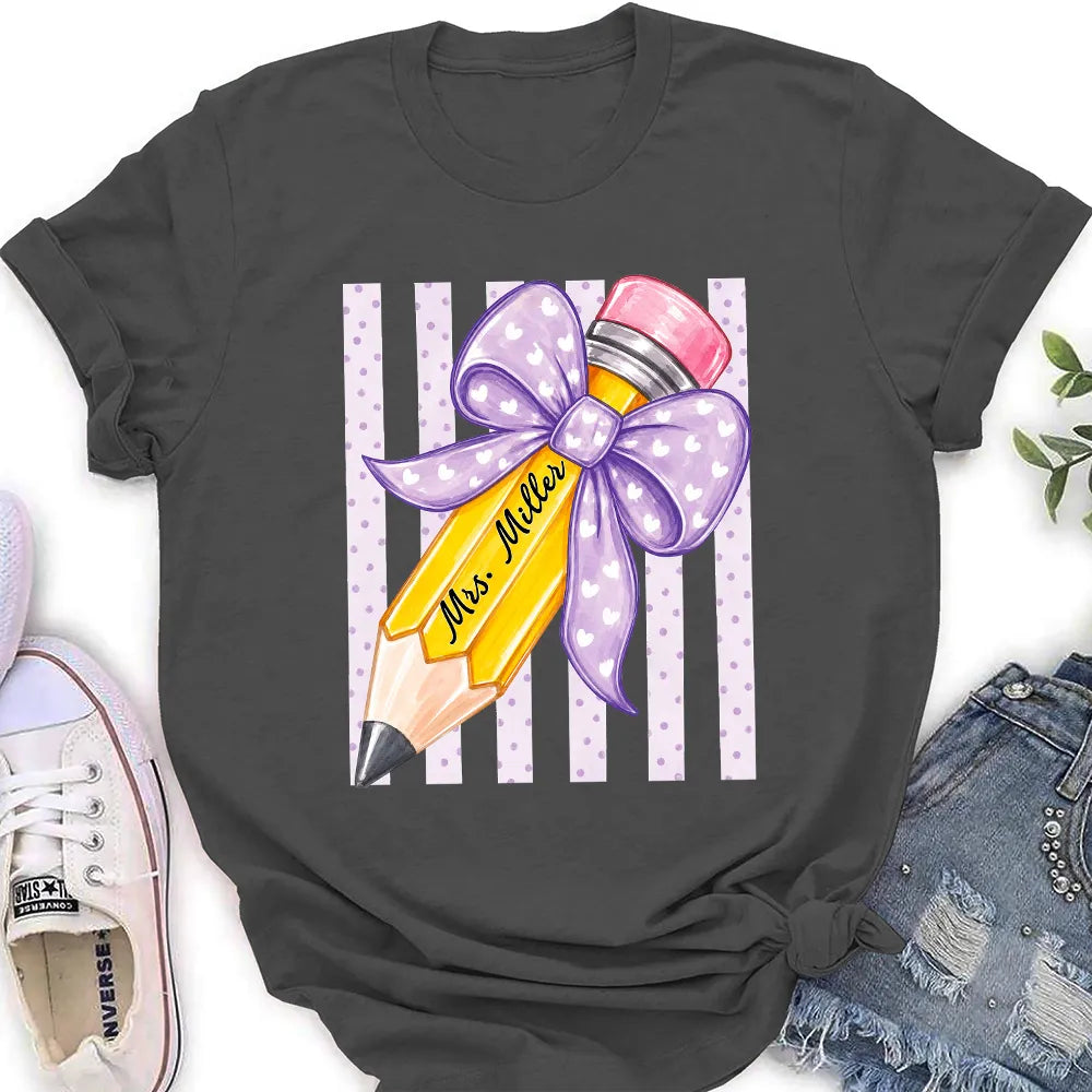 Personalized Classic Tee, Watercolor Pencil & Blue Bow, Unique Teacher Gift for Classroom Style