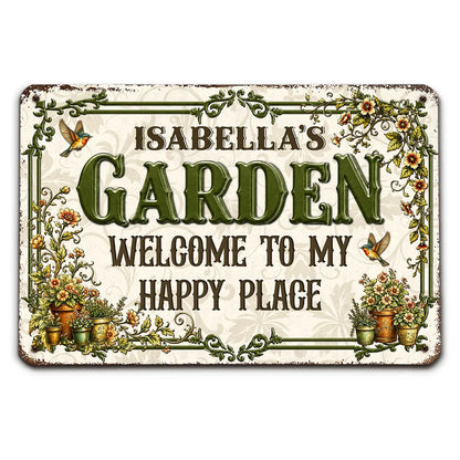 Personalized Rectangular Iron Sign, Vintage Garden Welcome Decor with Hummingbirds, Unique Gift for Garden Lover