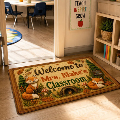 Personalized Standard Doormat With Woodland Foxes For Teacher Classroom, Unique Creative Gift