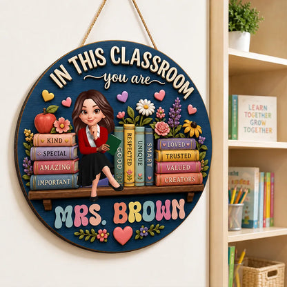 Personalized Wooden Sign With Cartoon Teacher, Books & Flowers, Unique Classroom Gift