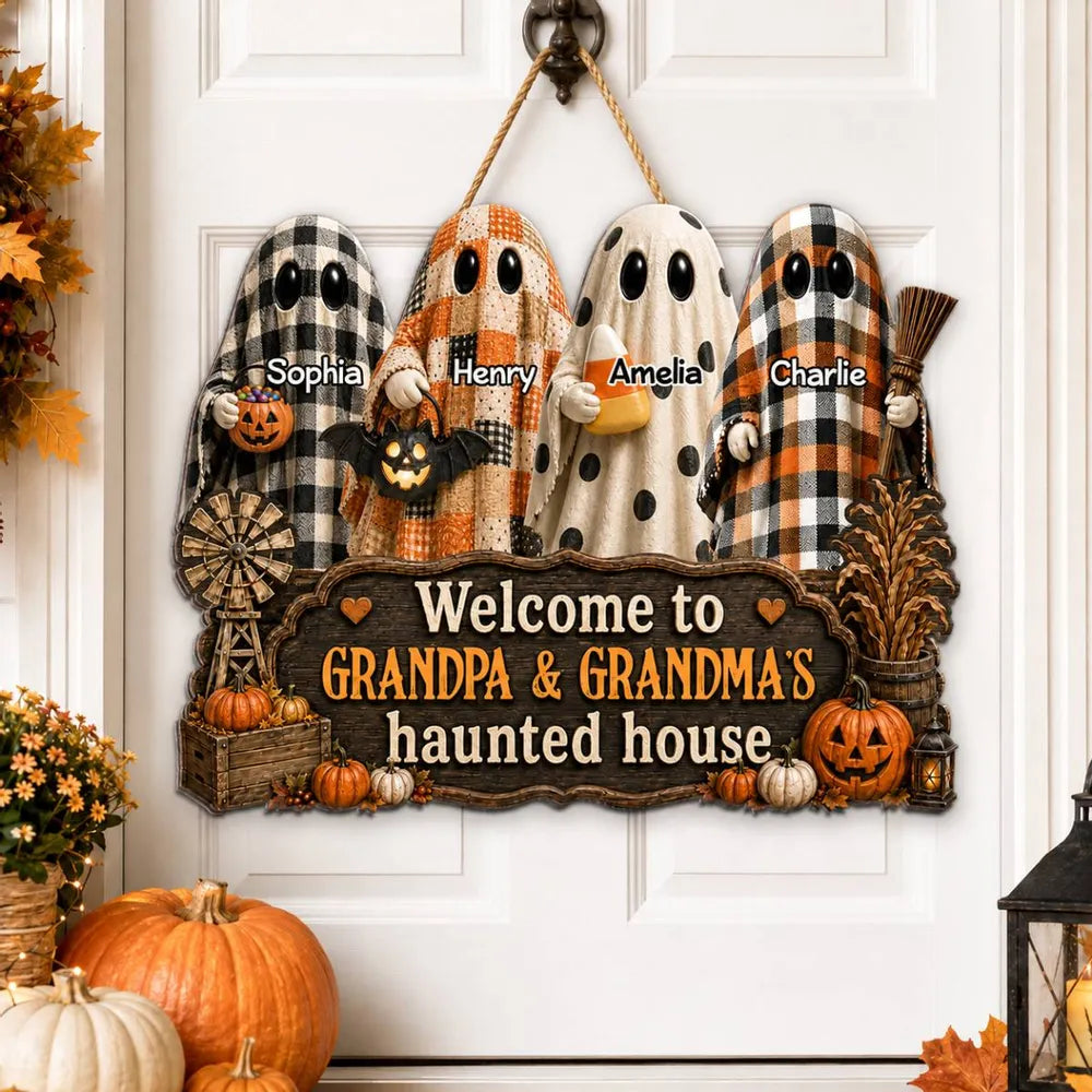 Personalized Wooden Sign with Cute Ghosts, Farmhouse Halloween Decor, Unique Creative Gift for Grandparents
