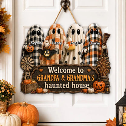 Personalized Wooden Sign with Cute Ghosts, Farmhouse Halloween Decor, Unique Creative Gift for Grandparents