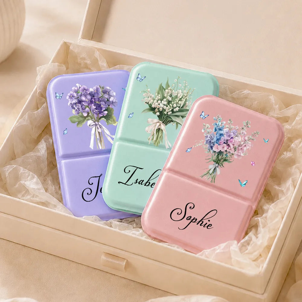 Personalized Birth Month Flower Leather Folding Makeup Mirror, Pastel Botanical Unique Gift for Her