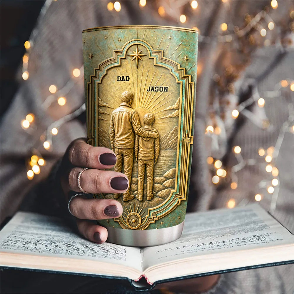 Personalized Insulated Travel Tumbler, Father and Son Arm in Arm Art, Creative Gift with a Proud Family Message