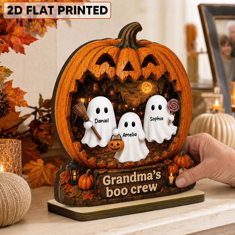 Personalized 2-Layer Wooden Plaque, Halloween Pumpkin Ghost Decor, Unique Gift for Grandma