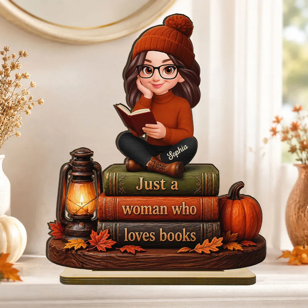 Personalized 2-Layer Wooden Plaque, Woman Reading Books Fall Decor, Unique Gift for Book Lovers