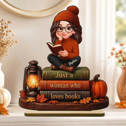 Personalized 2-Layer Wooden Plaque, Woman Reading Books Fall Decor, Unique Gift for Book Lovers