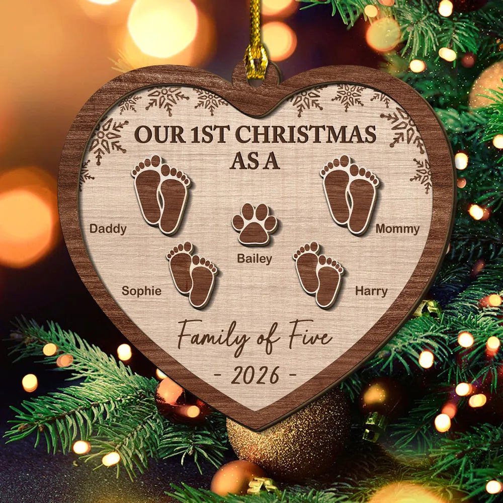 Personalized Wooden Ornament, Our First Christmas Family Footprint Design, Unique Gift for New Parents