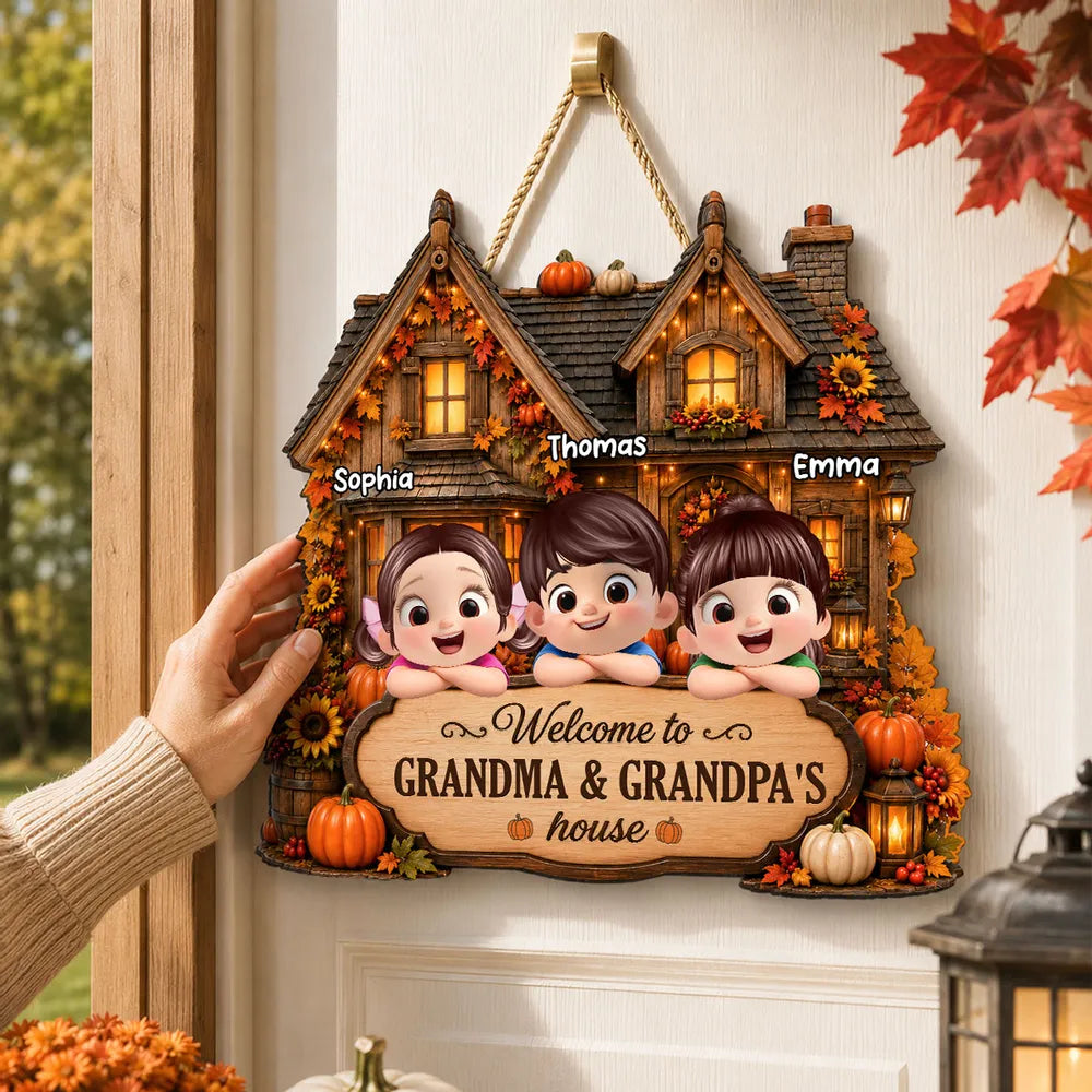 Wooden Sign with Welcome to Grandma & Grandpa's House, Cozy Autumn Cottage, Unique Creative Gift from Family